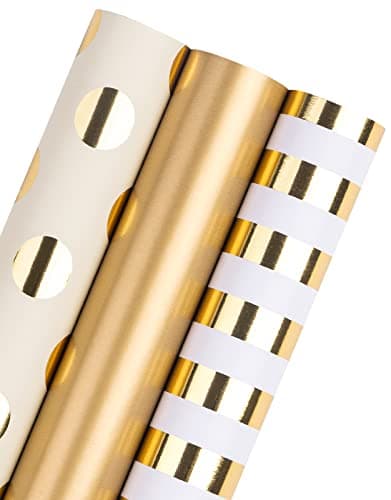 WRAPAHOLIC Gold Wrapping Paper Roll - Mini Roll - 3 Rolls - 17 Inch X 120 Inch Per Roll - Gold Foil Birthday Wrapping Paper for Wedding, Christmas, Party, Baby Shower