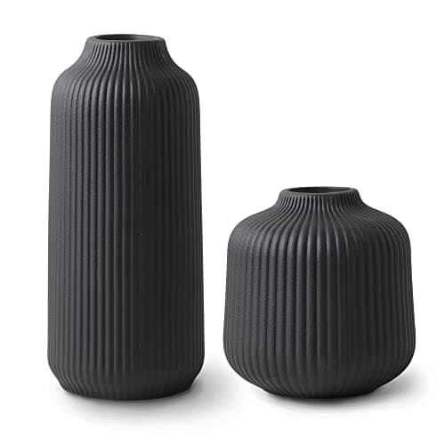 flature Ceramic Vases in Nordic Style, Modern Vase Deco for Pampas Grass, Boho Deco for Windowsill, Vases Set in Black Matt, Flower Vase as Home Decoration for Fresh Flowers, Dried Flowers, Set of 2