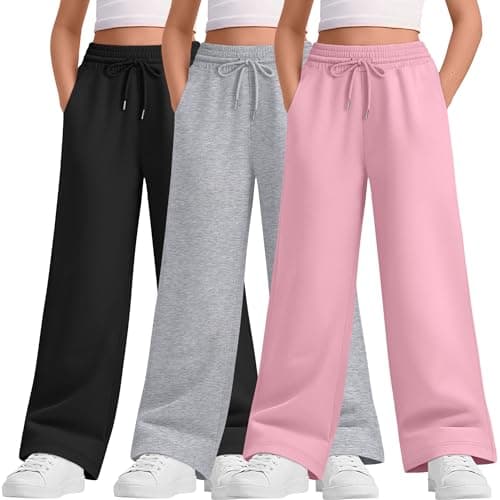 LessonZoo Teen Girls Sweatpants Wide Leg Drawstring Elastic Waist Pants Straight Leg Athletic Trousers with Pockets(Pink, Light Heather Gray, Black,7-8 Years)