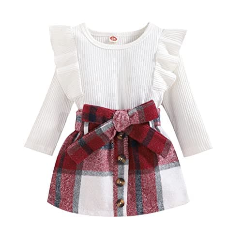 Noubeau Toddler Baby Girls Plaid Outfits Knit Ribbed Sweatshirt Shirt Tops Red Plaid Belt Skirt Fall Winter Clothes (White, 3-4T)