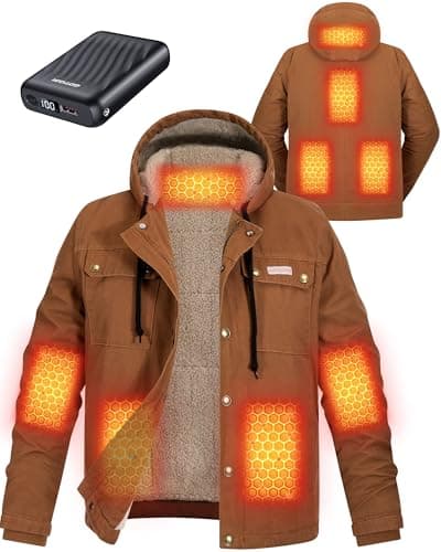 GOTOBI Graphene Canvas Heated Jackets for Men with 12V 18400mAh Battery Pack, Thermal Hooded Work Coat with Sherpa Lining