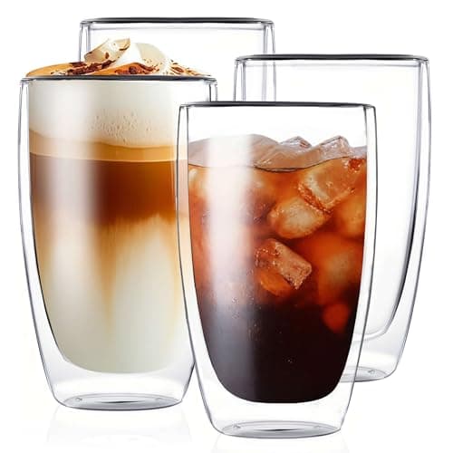MESNEY Double Wall Espresso Cups 17 Oz, Glass Coffee Mugs Set of 4, Insulated Clear Cappuccino Latte Mugs for Home, Cafe & Restaurant, Durable Stackable Drinking Glasses