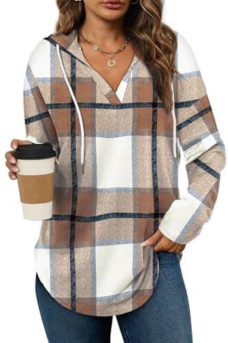 Bofell Womens Fall Fashion Must Haves 2025 Long Sleeve Tops Oversized Sweater Halloween Shirts Sweatshirt Hoodies Woman Winter Clothes Brown Plaid 2XL
