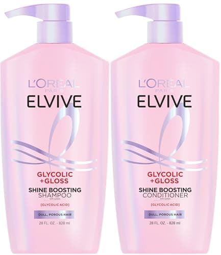 L'Oreal Paris Elvive Glycolic + Gloss Shine Boosting Shampoo and Conditioner Set, Cleanses and Smooths Dull, Porous Hair Into High-Shine, Glossy Hair, 1 Kit