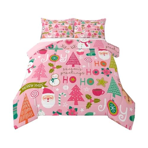 Erosebridal Pink Christmas Comforter Set, Cartoon Santa Claus Bedding Set Twin Size for Kids Boys Girls Women, Snowman Pine Duvet Sets Christmas Tree Cute Deer Down Comforter Xmas Decor,1 Pillowcase