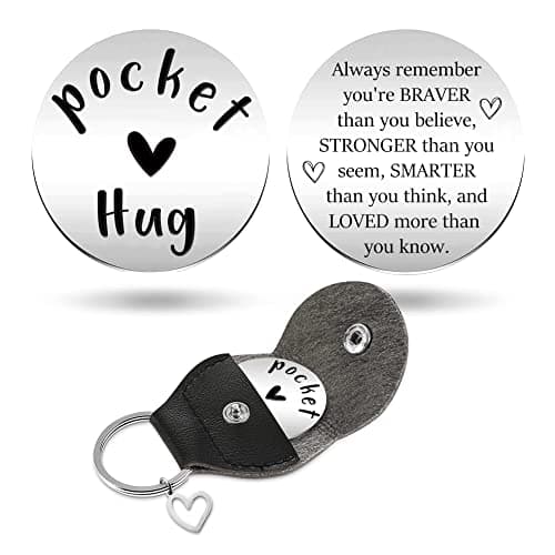 LRUIOMVE Always Remember You are Braver Than You Believe, Pocket Hug Token with Leather Keychain, Stainless Steel Double Sided Coin Long Distance Relationship Keepsake Gift