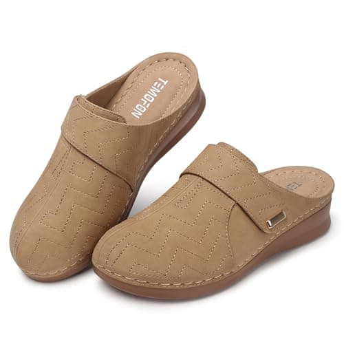 TEMOON Clogs for Women Slip on Mules: Comfortable Closed Toe Leather Shoes - Casual Dressy Walking Wedge Sandals Tan Size 9