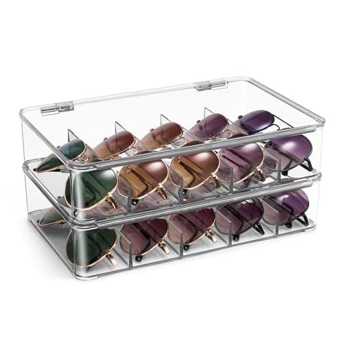 Sorbus Sunglasses Organizer - Plastic Stackable Eyeglass Case Storage Organizer for Multiple Glasses - Reading Glasses, Sunglass Holder with Hinged Lid for Eyewear Display Includes 5 Sections (2 Pack)