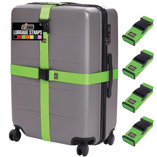 GORILLA GRIP Heavy Duty 4 Pack Adjustable Luggage Straps for Suitcases, Easy to Identify Travel Belt Connector Holds Suitcase Together, Extends Life of Bag, Strap Connects Two Bags, Accessories Green