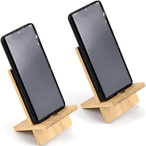 IFAMIO 2 Pack Bamboo Cell Phone Stand Wooden Phone Holder Tablet Desk Stand with Charging Hole Portable Phone Table Stand Desk Organizer Compatible with iPhone Smart Phone iPad Tablet