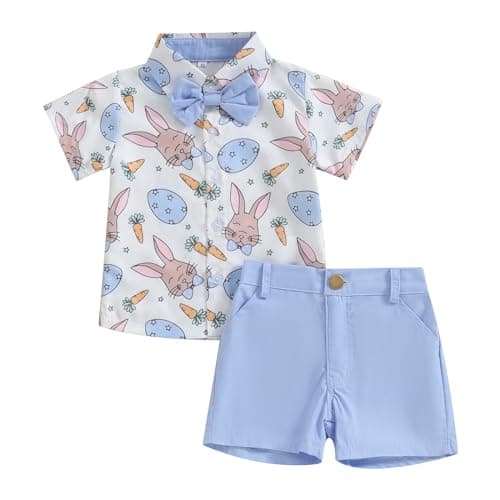 LAGKIYOJ Toddler Boy Easter Outfits Carrot Bunny Print Bowtie Short Sleeve Shirts Tops And Shorts Summer Clothes 2Pcs Set (Blue, 3-4T)