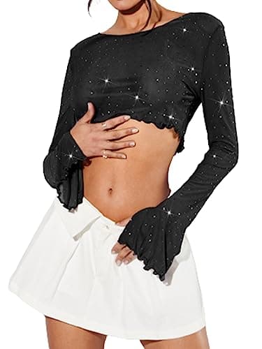 Verdusa Women's Sequin Rhinestone Lettuce Trim Boat Neck Long Sleeve Crop Tee Top Black S