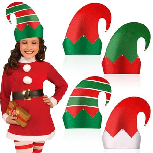 4 Packs Christmas Elf Felt Hats Unisex Classic Santa Elf Hats Jingle Bells Green and Red Xmas Funny Hat for Christmas New Year Holiday Party Photos Props Cute Dress up Christmas Costume Gifts Favors