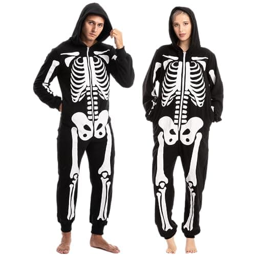 Spooktacular Creations Halloween Skeleton Costume, Adult Skeleton Costume, Unisex Adult Jumpsuit Plush Hoodie Zipper Jumpsuit for Men Women Halloween Dress-up Cosplay Themed Parties Black