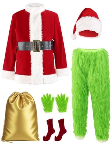 VIONMI Christmas Costume for Men Adult Santa Claus Suit 7PCS Green Furry Monster Deluxe Xmas Halloween Cosplay Outfit XL