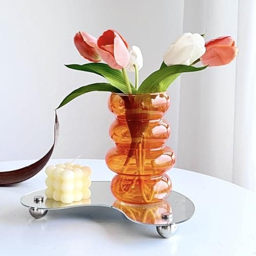 BLOFLO Transparent Glass Hydroponic Flower Vase, 7-Inch Orange Glass Vase, Four-Layer Geometric Glass Floral Vase for Home Décor, Modern Bubble Glass Vase for Home Office Wedding Table (Orange)