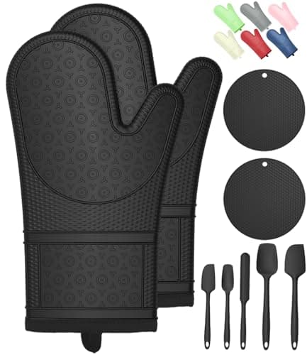 Silicone Oven Mitts with Heat-Resistant Hot Pads and Five Spatulas Set Designed for Kitchen Baking Cooking, Oven Glove Soft Cotton Lining, Waterproof, BPA-Free (Black, 12.6)