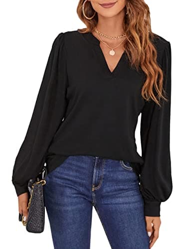 BMJL Womens Work Blouse Dressy Business Casual Tops Long Lantern Sleeve V Neck Office Fall Shirt Black