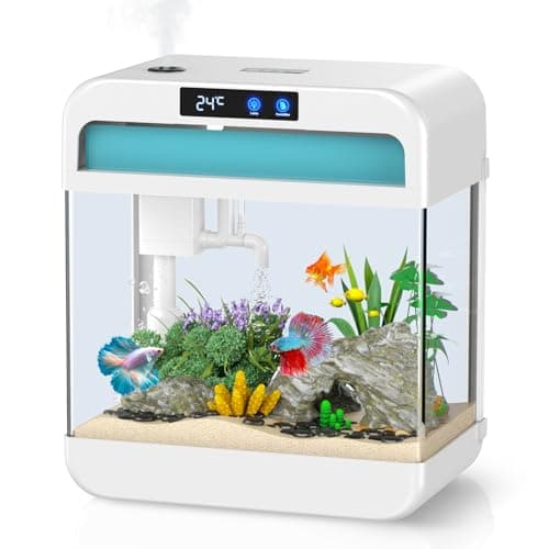 Fish Tank Aquarium 2.2 Gallon Fish Bowl with Humidifier 7 Color Auto-Looping Light 3 in 1 Quiet Pump with Filteration & Oxygenation & Circulation, Temperature Display, HD Float Glass, Thickened Base