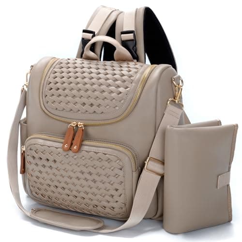 Minsong Diaper Bag Backpack, Small Diaper Backpack for Mom with Changing Station, Stylish Vegan Leather Travel Diaper Nappy Bags (Khaki)