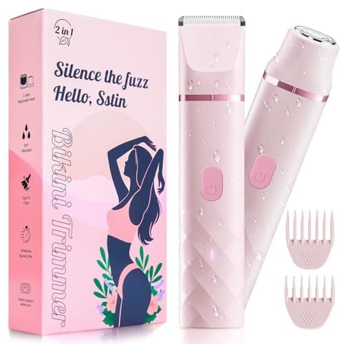 Bikini Trimmer for Women, IPX7 Waterproof, Painless Rechargeable Electric Razor Remover, 2-in-1 Facial & Pubic Hair Removal for Sensitive Skin, Portable Travel Size, Women’s Gift, Pink