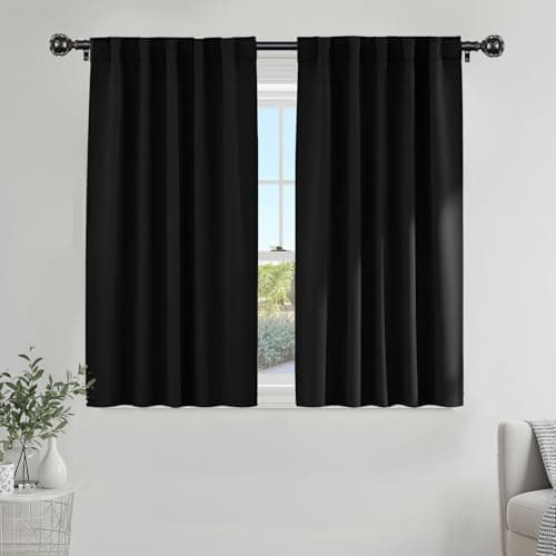 PONY DANCE Black Kitchen Blackout Curtains Over Sink, Short Winter Half Curtains for Bahtroom Small Window Decor, Thermal Insulated Light Blocking Bedroom Draperies, W 42 x L 45 inches, 2 Panels Set