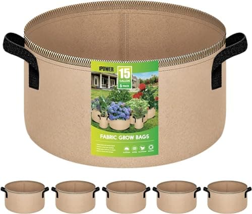 iPower 15 Gallon 5 Pack Grow Bags Nonwoven Fabric Pots Aeration Container with Strap Handles for Garden and Planting, 5-Pack Tan, 15 Gallon