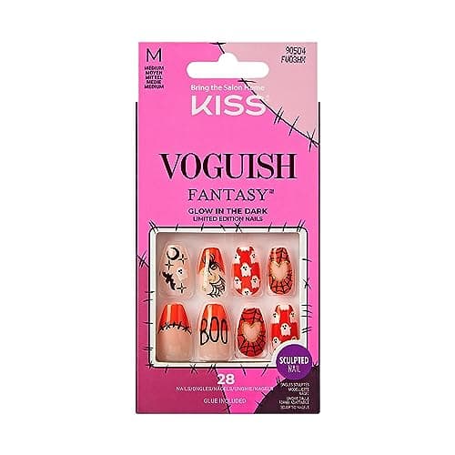 KISS Voguish Fantasy Halloween Nails, Orange, Medium Length, Coffin Shape, Pink Gel Nail Glue (2g), Mini Nail File, Manicure Stick, & 28 Fake Nails