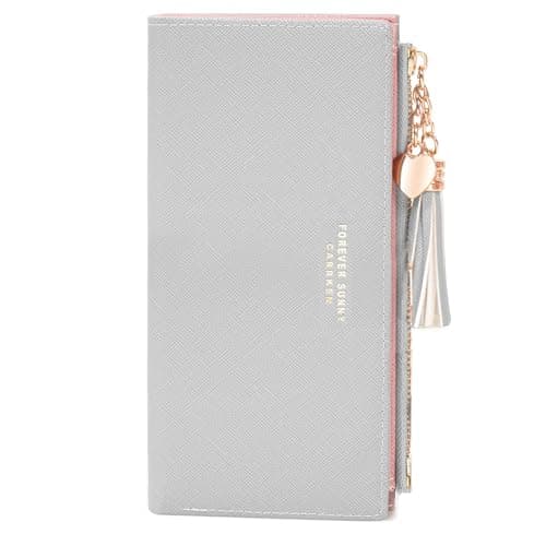 KOTORA Womens Slim Wallet Girls Thin Wallets Pretty Mini Long Card Holder Small Tiny Clutch Zip Purse Love Pendant Tassels Billfold (Grey)