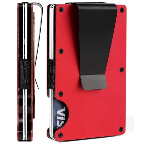 RARITIK Minimalist Carbon Fiber Wallet for Men, Money Clip Cash Strap Wallet, RFID Blocking Metal Wallet Aluminum Card Holder,Front Pocket Wallet(Matte Red)