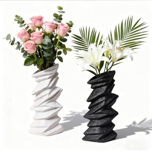 Ceramic Vase Set of 2, Pleated Ceramic Vase, Nordic Modern Boho ins Style Decorative Ceramic Aesthetic Flower Vase, Handmade Nature-Inspired Flower Vase for Home, Office, Wedding (White, Black)