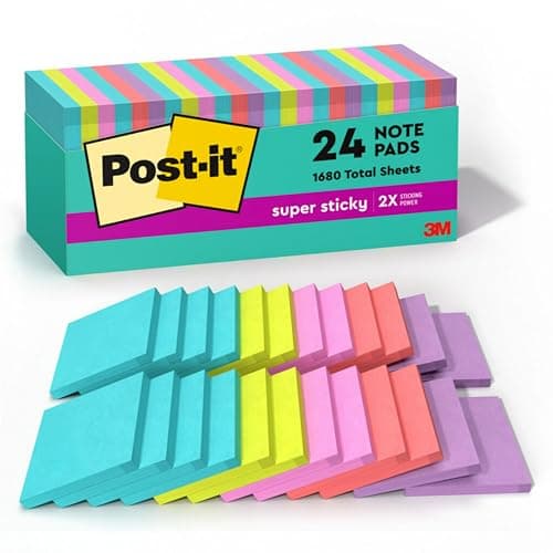 Post-it Super Sticky Notes, 24 Sticky Note Pads, 3 x 3 in., School Supplies, Office Products, Sticky Notes for Vertical Surfaces, Monitors, Walls and Windows, Supernova Neons Collection