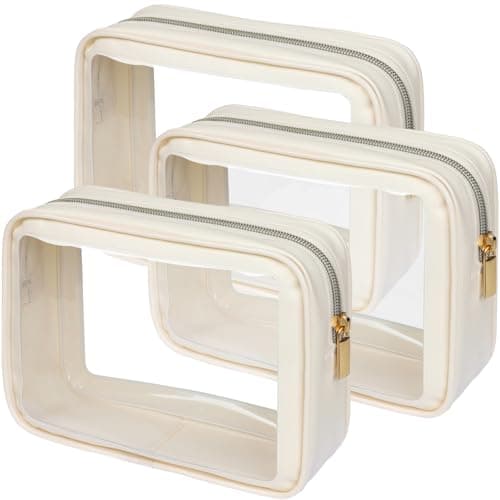 PACKISM Clear Makeup Bag 3 Medium - Soft Frame TSA Approved Toiletry Bag Perfect for Travel-size Bottles, Multipurpose Organizer Car Storage Bag with Color-Edged, Beige
