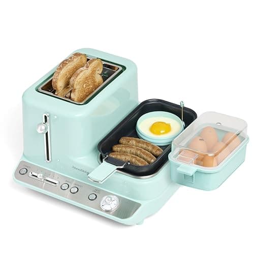 Nostalgia Classic Retro 3-in-1 Breakfast Station - Includes Egg and Veggie Steamer, Non-Stick Griddle, and Wide 2-Slot Toaster - Versatile Breakfast Maker Cooking Station with Toasting Control