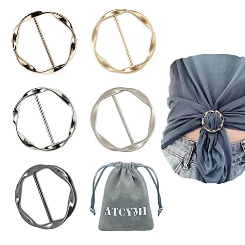 5PCS Silk Scarf Ring Clip T-shirt Tie Clips for Women Fashion Metal Round Circle Clip Buckle Clothing Ring Wrap Holder with 1 Storage Bag