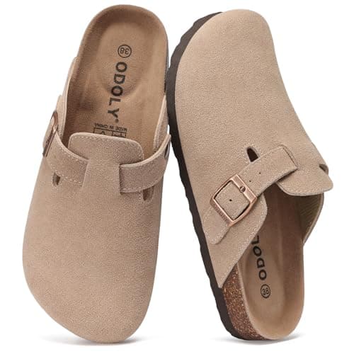 ODOLY Genuine Suede Clogs for Women Men Soft Cork Footbed Leather Mules Comfort Potato Shoes with Arch Support, Taupe 39
