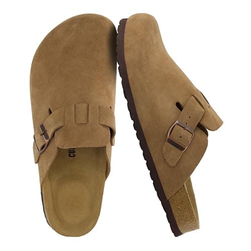 CUSHIONAIRE Haze Genuine Suede Leather Mens Clogs - Comfortable Slip On Potato Shoes for Men with Adjustable Buckle, BROWN 12