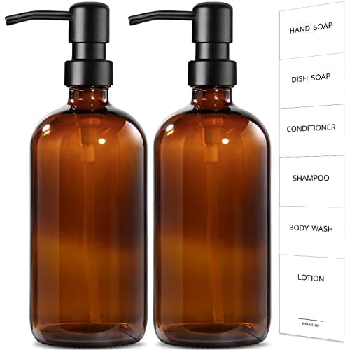 GMISUN Amber Glass Soap Dispenser, 2 Pack Bathroom Hand Soap Dispenser with Stainless Steel Pump, 16 Oz Kitchen Hand and Dish Soap Dispenser Set, Modern Vintage Liquid Brown Soap Dispensers Bottle