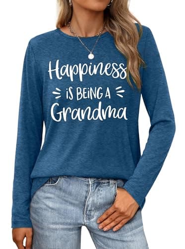 QAUN Grandma Shirts for Women: Grandmother Tshirt Mama Floral Tees Casual Long Sleeve Tops(Blue4,Large)