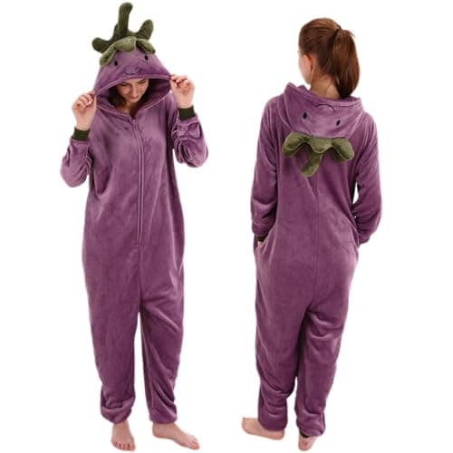 COSUSKET Snug Fit Unisex Adult Onesie Pajamas, Flannel Cosplay Eggplant One Piece Halloween Costume Sleepwear Homewear