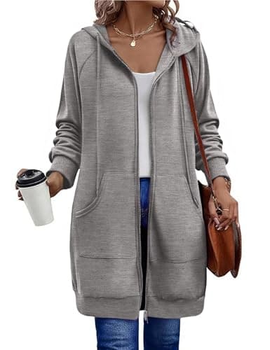 Zeagoo Women's Zip Up Hoodies Long Tunic Sweatshirts Long Sleeve Oversized Fleece Casual 2025 Fall Jacket Coat with Pocket Light Grey L