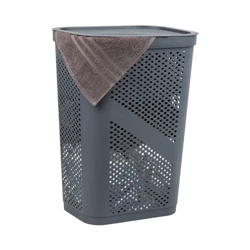 Mind Reader 60L Slim Laundry Hamper, Clothes Basket, Lid, Ventilated, Plastic, 17.25"L x 13.75"W x 23.5"H, Gray