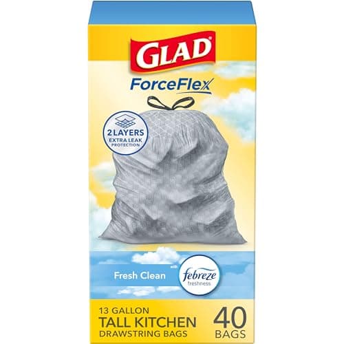 Glad ForceFlex Tall Kitchen Trash Bags, 13 Gallon, Gain Fresh Clean, 40 Count (Package May Vary)