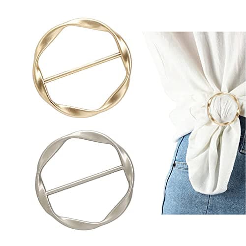 DHATMYC 2PCS Silk Scarf Ring Clip for Women T-shirt Tie Clips Clothing Ring Wrap Holder Fashion Round Circle Clip Belt Buckle (Gold+Silver)