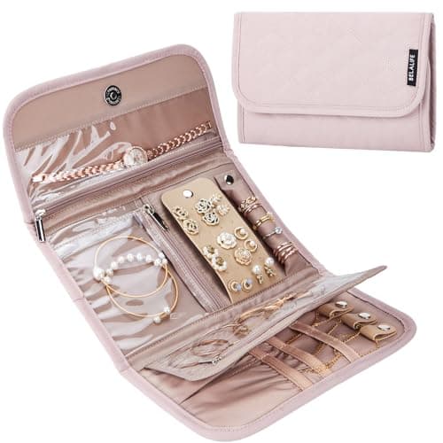 BELALIFE Travel Jewelry Case Organizer, Medium Foldable Storage Roll for Earrings, Necklaces, Rings, Bracelets, Brooches, Pink