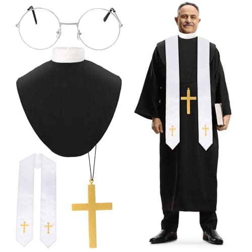 Yewong 4 Pieces Adult Priest Costume Accessories Set Embroidery Clergy Stole Shirt Neck Collar Cross Pendant Necklace and Glasses for Halloween Cosplay Party