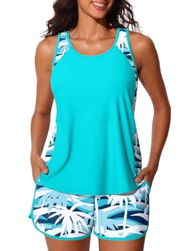 Summer Mae Blouson Tankini Swimsuits for Women 2026 Tummy Control Two Piece Bathing Suits with Sporty Pockets Swim Shorts Coconut Tree on The Sea Size 12