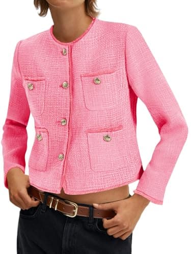 Cicy Bell Cropped Tweed Blazer for Women Collarless Button Down Short Jacket Women's Business Casual Slim Fit Pink