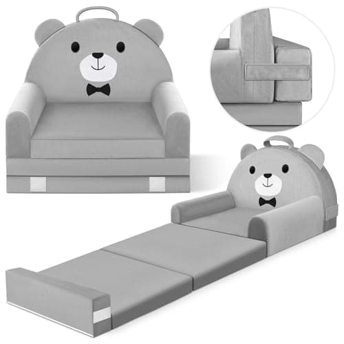 Kids Sofa Bed with Removable Washable Cover & Magic-Tape Backrest – Foldable Toddler Chair, Cozy Crystal Velvet Furniture for Playtime, Naps & Travel (Soft Grey, Bear Design)