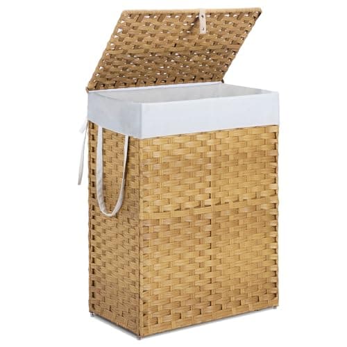 DUMOS Woven Laundry Basket with Lid, 90L Large Capacity Hamper, Removable & Machine-Washable Liner, Foldable Rattan Clothes Hamper, Sturdy Steel Frame, Odor Control, Goose Yellow